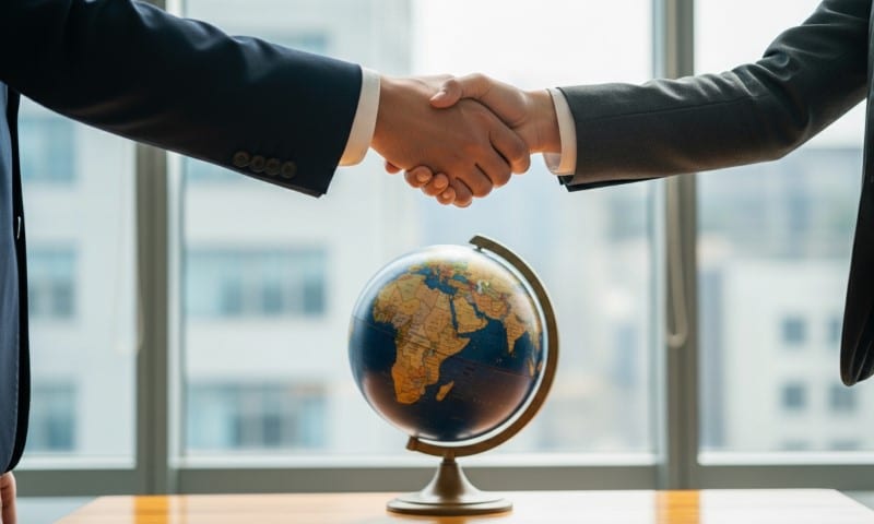 Two people in business suits shake hands over a desk with a globe