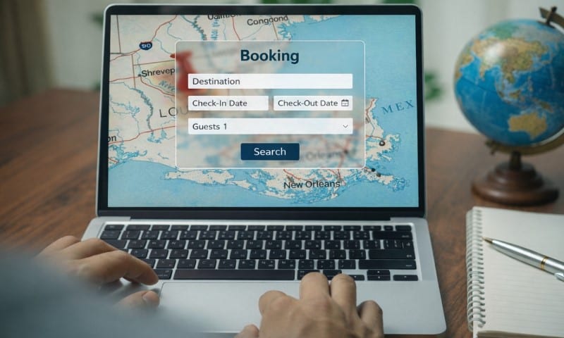 Laptop displaying a booking form with destination, check-in and check-out dates, and guests fields. Background shows a map of Louisiana