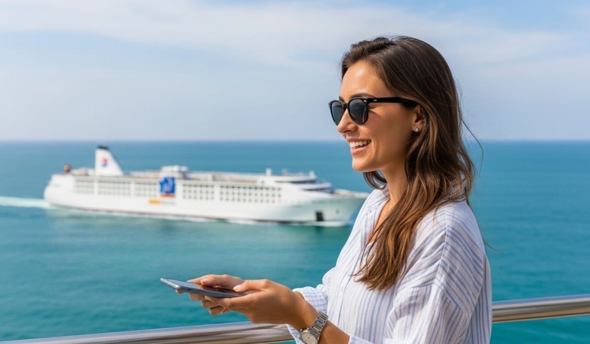 Woman using a smartphone on a balcony with a cruise ship in the ocean behind her