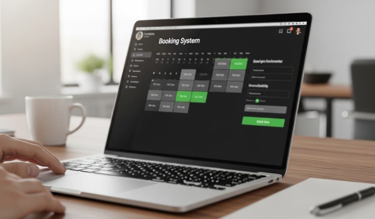 Laptop displaying a travel booking system dashboard on a desk in an office setting