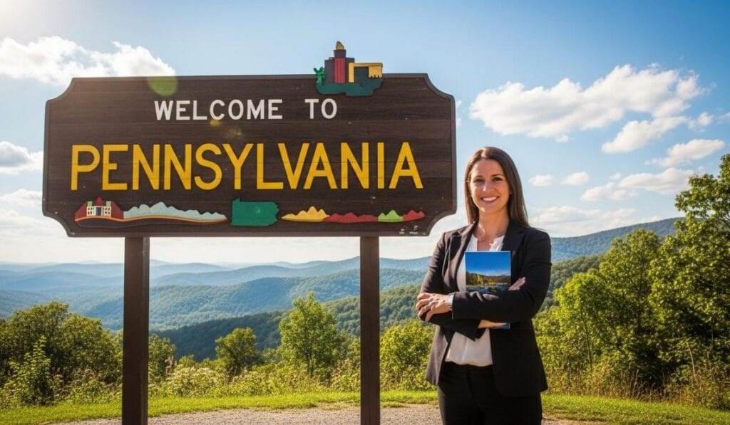 Woman standing beside a Welcome to Pennsylvania sign holding a travel brochure with mountains in the background
