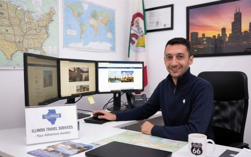 Travel Agent in Illinois sitting at a desk with three computer monitors, maps on the wall, and an Illinois Travel Services sign in the office